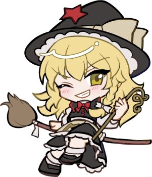 1girl apron black_hat black_shoes black_skirt black_vest blonde_hair blush bow bowtie broom broom_riding buttons cane chibi chibi_only frilled_apron frilled_skirt frills full_body grey_ribbon grin hat hat_ornament hat_ribbon holding holding_cane kirisame_marisa long_hair looking_at_viewer mirei_(miirei) one_eye_closed red_bow red_bowtie ribbon shirt shoes short_sleeves simple_background sitting skirt skirt_set smile socks solo star_(symbol) star_hat_ornament touhou transparent_background v-shaped_eyebrows vest waist_apron white_apron white_shirt white_socks witch_hat yellow_eyes