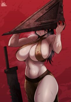 1girl absurdres bare_arms bare_shoulders blood blood_on_hands breasts cleavage criss-cross_halter genderswap genderswap_(mtf) great_knife halterneck helmet highres jmg knife large_breasts long_hair monster muscular muscular_female pyramid_head side_slit silent_hill silent_hill_(movie) silent_hill_(series) silent_hill_2 simple_background solo standing sweat sword thick_thighs thighs toned topless_male weapon