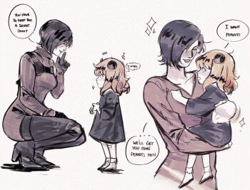 2girls absurdres ada_wong anya_(spy_x_family) black_hair blush breasts commentary crossover dress english_commentary english_text gloves hair_behind_ear highres khessamaya medium_breasts multiple_girls resident_evil resident_evil_4 resident_evil_4_(remake) short_hair smile speech_bubble spy_x_family sweater turtleneck yor_briar