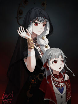 2girls :o artist_name bandaged_arm bandaged_hand bandages behind_another black_background black_coat black_dress black_nails black_veil bracer buernia cloak closed_mouth coat dated dress grey_hair hair_ornament hand_on_another&#039;s_shoulder hand_up highres jacket lace-trimmed_veil lace_trim long_braid looking_up multiple_girls official_alternate_costume quad_braids red_cloak red_eyes red_shirt reverse:1999 rubuska semmelweis_(reverse:1999) semmelweis_(the_wax_and_wane_of_the_heart)_(reverse:1999) shirt signature sleeveless sleeveless_dress smile twitter_username upper_body veil waving white_hair white_jacket