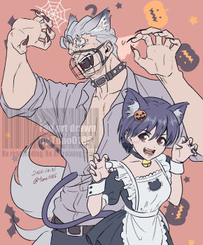 andy_(undead_unluck) animal_ears black_hair cat_ears cat_tail collar couple halloween_costume highres izumo_fuuko maid muzzle_(mask) nail_polish spiked_collar spikes tail tono0185 undead_unluck white_hair wolf_ears wolf_tail