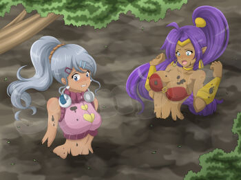 2girls absurdres bakugan bakugan_battle_brawlers blue_eyes breasts cleavage clenched_teeth crossover dark-skinned_female dark_skin dirty grey_hair high_ponytail highres jewelry julie_heyward large_breasts long_hair midriff multiple_girls navel open_mouth outdoors ponytail purple_hair quicksand scared shantae shantae_(series) sinking strapless teeth tongue tube_top upper_body watermark