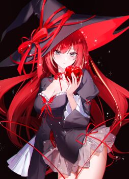 1girl absurdres akane_lize apple black_background black_dress black_hat blonde_streaks bow breasts cleavage commentary dress food fruit grey_eyes hat hat_bow hat_ribbon highres large_breasts long_hair looking_at_viewer mole mole_on_cheek multicolored_hair neck_ribbon nyamnyam0502 parted_lips red_hair red_pupils red_ribbon ribbon short_dress simple_background solo standing stellive streaked_hair thighs very_long_hair virtual_youtuber witch_hat