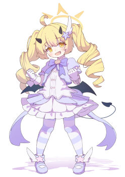 1girl :d ahoge black_horns black_tail black_wings blonde_hair blue_archive braid commentary cosplay demon_horns demon_tail demon_wings dress full_body gloves hair_ornament halo highres horns ibuki_(blue_archive) long_hair magical_girl mottata open_mouth pantyhose puffy_short_sleeves puffy_sleeves purple_pantyhose purple_shoes reisa_(blue_archive) reisa_(blue_archive)_(cosplay) reisa_(magical)_(blue_archive) shoes short_sleeves simple_background smile solo standing star_(symbol) star_hair_ornament striped_clothes striped_pantyhose tail twin_braids twintails white_background white_gloves wing_hair_ornament wings yellow_eyes yellow_halo