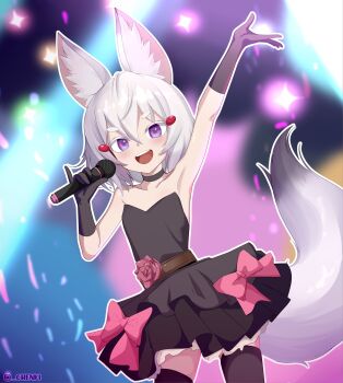 1girl absurdres animal_ear_fluff animal_ears arm_up armpits black_choker black_dress black_gloves black_thighhighs bow chenki_(chenki) choker commentary dress english_commentary flat_chest fox_ears fox_girl fox_tail gloves highres holding holding_microphone idol medium_hair microphone open_mouth outline phase_connect pink_bow pinky_out purple_eyes smile solo strapless strapless_dress tail teeth tenma_maemi thick_eyebrows thighhighs upper_teeth_only v-shaped_eyebrows virtual_youtuber white_hair white_outline