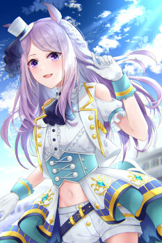 1girl animal_ears asaya-bigun ascot blue_ascot blue_sky blush clothing_cutout commentary_request gloves hat highres horse_ears horse_girl long_hair mejiro_mcqueen_(end_of_the_skies)_(umamusume) mejiro_mcqueen_(umamusume) midriff mini_hat mini_top_hat navel official_alternate_costume purple_eyes purple_hair short_sleeves shorts shoulder_cutout sky smile solo tilted_headwear top_hat umamusume white_gloves white_hat white_shorts