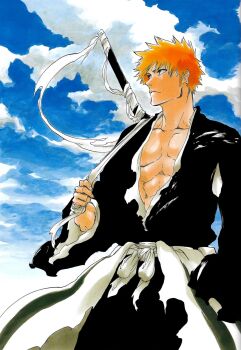 1boy abs bleach bleach:_sennen_kessen-hen blue_sky brown_eyes closed_mouth cloud collarbone japanese_clothes kubo_tite kurosaki_ichigo male_focus official_art orange_hair shihakusho short_hair sky spiked_hair sword upper_body weapon zangetsu_(shikai) zanpakutou