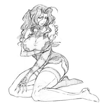 1girl breasts cleavage closed_mouth earrings elbow_gloves gloves greyscale jewelry kubo_tite_(style) large_breasts long_hair looking_at_viewer medium_breasts monochrome navel petals rakusakugk rose_petals shahrazad_al-rahman simple_background sketch solo trinity_blood vampire white_background