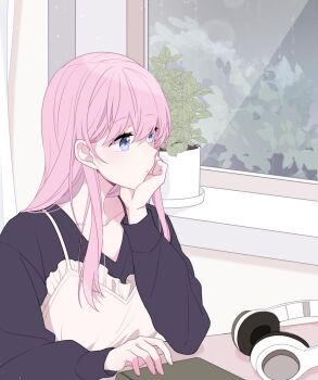 Rule 34 | 1girl, black sweater, blue eyes, closed mouth, commentary request, cropped torso, dabi (15dldl15), elbow rest, expressionless, frills, hand rest, headphones, headphones removed, highres, indoors, korean commentary, long hair, long sleeves, original, pink hair, plant, potted plant, shirt, sleeveless, sleeveless shirt, solo, straight hair, sweater, white shirt, window
