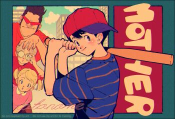 Rule 34 | 1girl, 3boys, ana (mother), baseball bat, baseball cap, black hair, blonde hair, blue shirt, bow, building, city, closed mouth, cloud, commentary, copyright name, dress, grey hair, hair bow, hand on another's head, hat, highres, holding, holding baseball bat, kwsby 124, lloyd (mother), looking at viewer, mother (series), mother 1, multiple boys, ninten, nintendo, pink dress, red shirt, round eyewear, shirt, signature, striped clothes, striped shirt, teddy (mother), untranslatable commentary, upper body