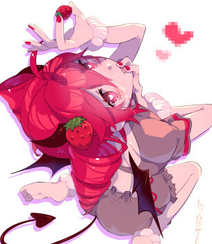 1girl ahoge alternate_costume anklet arm_up artist_name barefoot bloomers censored commentary_request demon_girl demon_tail demon_wings drill_hair drop_shadow food food-themed_hair_ornament from_above fruit grey_bloomers grey_shirt hair_ornament hand_on_own_chin heart heart-shaped_pupils highres holding holding_food holding_fruit jewelry kasane_teto looking_at_viewer looking_up mosaic_censoring nail_polish pink_eyes red_eyes red_hair red_nails shirt short_hair simple_background sitting soles solo strawberry strawberry_hair_ornament symbol-shaped_pupils tail tongue tongue_out torino_sasami twin_drills underwear utau wariza white_background wings wristband
