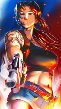 1girl abs absurdres adun_madun aiming aiming_at_viewer beretta_92 black_lagoon brown_hair crossdraw_holster denim denim_shorts gun handgun high_ponytail highres holding holding_gun holding_weapon long_hair looking_at_viewer navel ponytail revy_(black_lagoon) shorts shoulder_tattoo smoke smoking_barrel solo tank_top tattoo weapon
