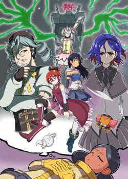 3boys 3girls adversarial_noise akemi_homura akemi_homura_(cosplay) akemi_homura_(magical_girl) amate_yuzuriha aqua_eyes beard bindi black_hair blonde_hair blue_hair bow breasts challia_bull char_aznable charlotte_(madoka_magica) choker closed_eyes colored_inner_hair commentary_request conch_(gundam) cosplay crossdressing crossdressing_(mtf) dark-skinned_female dark_skin delraich66 double_bun dreaming dress facial_hair gloves gundam gundam_gquuuuuux hair_bow hair_bun haro headless highres kaname_madoka kaname_madoka_(cosplay) kaname_madoka_(magical_girl) kyubey kyubey_(cosplay) lalah_sune long_hair looking_at_viewer magical_girl mahou_shoujo_madoka_magica mask mecha_pilot_suit miki_sayaka miki_sayaka_(cosplay) miki_sayaka_(magical_girl) multicolored_hair multiple_boys multiple_girls mustache normal_suit_(gundam) nyaan_(gundam_gquuuuuux) open_mouth purple_hair red_eyes red_hair ribbon rx-78-2_gundam sakura_kyoko sakura_kyoko_(cosplay) sakura_kyoko_(magical_girl) science_fiction short_hair shuji_ito skirt speech_bubble thought_bubble tomoe_mami tomoe_mami_(cosplay) tomoe_mami_(magical_girl) trap two-tone_hair white_gloves yellow_eyes zeon