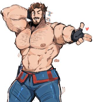 1boy absurdres armpit_hair armpits bara beard blue_pants brown_eyes chinstrap_beard connected_beard facial_hair finger_gun fingerless_gloves gloves graysheartart highres large_pectorals listening_to_music male_focus marvel marvel_rivals muscular muscular_male musical_note mustache nipples one_eye_closed pants pectorals solo sparse_arm_hair sparse_chest_hair star-lord topless_female topless_male