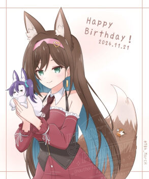 1girl :< animal animal_ears animalization aqua_hair aqua_scrunchie assault_lily asymmetrical_bangs bare_shoulders bird blush breasts brown_necktie closed_mouth collarbone colored_inner_hair commentary_request cowboy_shot day detached_collar dress earrings flower fox_ears fox_girl fox_tail frilled_dress frilled_sleeves frills gradient_background green_eyes hair_ornament hair_scrunchie hairband half-closed_eyes halter_dress halterneck hands_up happy_birthday heart heart_hair_ornament high_ponytail holding holding_animal honma_akehi inoguchi_minto inset_border ishizuka_fujino jewelry jitome kanba_girls_high_school_uniform kemonomimi_mode long_hair looking_ahead looking_at_viewer medium_breasts multicolored_hair navel necktie outside_border pink_background pink_hairband ponytail purple_hair rabbit ribbon school_uniform scrunchie shiozaki_suzume short_necktie side_ponytail single_earring sleeve_ribbon sleeveless sleeveless_dress smile solo sparrow standing tail twitter_username two-tone_background two-tone_hair underboob very_long_hair watermark white_background white_flower white_ribbon yellow_eyes