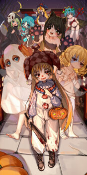 6+girls :d absurdres bandages barefoot bikini black_bikini black_hair black_robe blonde_hair blood blood_on_clothes blue_eyes blue_hair bodysuit brown_eyes cirno cleaver clownpiece cosplay crescent_moon daiyousei death_(entity) demon_horns drill_hair eternity_larva fairy fairy_wings frankenstein&#039;s_monster frankenstein&#039;s_monster_(cosplay) ghost_costume green_hair grim_reaper grim_reaper_(cosplay) halloween_costume hat highres horns jack-o&#039;-lantern jester_cap jester_costume jiangshi_costume kourou_(kouroukun) lily_white long_hair luna_child moon multiple_girls night night_sky open_mouth orange_hair polearm red_eyes robe scythe skeleton_costume sky smile star_sapphire sunny_milk swimsuit touhou tree trident twintails very_long_hair weapon werewolf_costume white_bodysuit wings