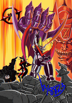 battle character_request clenched_hand cpwm3723 game_console glowing glowing_eyes great_mazinger great_mazinger_(robot) horns jetpack mazinger_(series) mazinger_zero_(mecha) mecha mecha_focus robot science_fiction shin_mazinger_shougeki!_z-hen shin_mazinger_zero super_famicom super_robot weapon yellow_eyes
