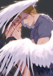 Rule 34 | 2boys, angel wings, ao isami, black hair, blonde hair, blood, blood on face, couple, cowboy shot, demon wings, face-to-face, facial hair, feathered wings, from side, half-closed eyes, hands on another&#039;s cheeks, hands on another&#039;s face, highres, lewis smith, male focus, multiple boys, omochinosu, profile, shirt, sideburns stubble, smile, standing, stubble, t-shirt, thick eyebrows, toned, toned male, wing hug, wings, yaoi, yuuki bakuhatsu bang bravern