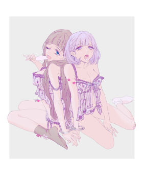2girls arrow_through_heart back-to-back bare_legs bare_shoulders blue_eyes border bow bow_legwear bow_panties braid breasts brown_hair cleavage collarbone commentary_request cross cross_earrings dripping drooling ear_piercing earrings eyelashes food frilled_negligee full_body grey_background grey_socks hair_half_over_shoulder hand_on_another's_hand heart heart_tattoo highres holding holding_food holding_popsicle jewelry large_breasts leg_tattoo lingerie lipstick_mark lipstick_mark_on_arm long_hair medium_breasts miracle_nikki multiple_girls multiple_piercings negligee nikki_(series) one_eye_closed original outside_border panties piercing pink_bow popsicle purple_eyes purple_hair purple_negligee purple_panties red_bow sexually_suggestive shared_handcuffs single_braid sitting socks star_(symbol) star_print strap_slip tattoo underwear uro_(uvxkf) very_long_hair wariza wavy_hair white_border white_socks yokozuwari