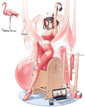 1girl absurdres armpits arms_up arrow_(symbol) ball bird black_hair bottle breasts cellphone closed_mouth commentary computer creature_and_personification english_commentary exercise_ball fingernails flamingo glasses hair_between_eyes headphones high-waist_pants highres holding_own_arm knee_up laptop large_breasts long_fingernails looking_at_viewer midriff mole mole_on_breast multicolored_hair nail_polish one_eye_closed original pants personification phone pink_eyes pink_hair pink_nails pink_pants pink_shoes pink_sports_bra rinotuna shoes short_hair sitting smartphone sneakers solo sports_bra streaked_hair towel two-tone_hair water_bottle yoga_pants