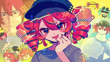 1girl absurdres alternate_costume bar_censor baseball_cap black_hat blush_stickers censored commentary_request dot_nose drill_hair grey_shirt hair_between_eyes halftone halftone_background hand_up hat highres kasane_teto kasane_teto_(sv) looking_at_viewer mochi_(buchumi10) multiple_views open_mouth override_(synthesizer_v) pov red_eyes red_hair shirt sidelocks smile straight-on synthesizer_v twin_drills utau yellow_background