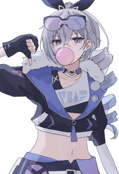 Rule 34 | 1girl, 961 kuru, absurdres, black gloves, black sports bra, blowing bubble gum, chewing gum, commentary request, crossed bangs, drill hair, drill ponytail, eyewear on head, fingerless gloves, fur-trimmed jacket, fur trim, gloves, grey eyes, grey hair, hair between eyes, hair ornament, hair ribbon, hairclip, highres, honkai: star rail, honkai (series), jacket, long hair, looking at viewer, midriff, navel, purple-tinted eyewear, ribbon, shirt, silver wolf (honkai: star rail), simple background, single drill, solo, sports bra, thumbs down, tinted eyewear, upper body, white background, white shirt