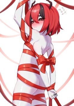 1girl absurdres antennae arthropod_girl ass bdsm beri_(beribug) black_hair black_sclera bondage bound breasts cgator colored_sclera colored_skin covered_erect_nipples embarrassed extra_arms flat_chest green_nails grey_skin highres indie_virtual_youtuber ladybug_girl looking_back nude red_eyes red_hair ribbon short_hair small_breasts thighs virtual_youtuber white_background