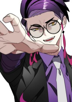 Rule 34 | 1boy, akisame kanon, black-framed eyewear, coat, collared shirt, commentary request, corbeau (pokemon), highres, lapels, layered sleeves, long sleeves, looking at viewer, male focus, necktie, nintendo, open clothes, open coat, open mouth, parted hair, pokemon, pokemon legends: z-a, purple hair, purple shirt, reaching, reaching towards viewer, round eyewear, shirt, simple background, smile, solo, tassel, teeth, upper body, white background, white necktie, wing collar, yellow eyes