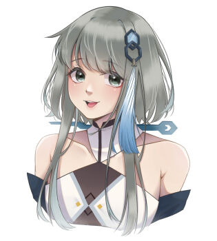 1girl bare_shoulders commentary cropped_torso dress english_commentary genshin_impact green_eyes grey_hair guizhong_(genshin_impact) hair_ornament highres kuraedo long_hair looking_at_viewer nose open_mouth simple_background smile solo swept_bangs white_background white_dress