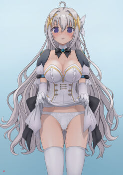 Rule 34 | 1girl, absurdres, ahoge, black bow, black bowtie, blue background, blue eyes, blush, bow, bowtie, braid, breasts, cleavage, clothes lift, commentary request, commission, cowboy shot, detached collar, detached sleeves, dress, dress lift, elbow gloves, embarrassed, frills, genseishinki sacred virth, gloves, gluteal fold, gradient background, grey hair, hair between eyes, hair intakes, hair ornament, highres, large breasts, lifting own clothes, long hair, looking at viewer, magical girl, nao suke, open mouth, panties, parted lips, puffy short sleeves, puffy sleeves, purple eyes, sacred claire, shirt lift, short sleeves, simple background, skeb commission, skirt, skirt lift, solo, standing, strapless, thighhighs, underwear, very long hair, wavy hair, white dress, white gloves, white panties, white thighhighs