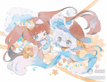 2girls ;d blue_eyes blue_hair blush_stickers bow brown_hair brown_hat chibi chibi_only closed_mouth double-parted_bangs dress full_body hair_between_eyes hair_bow hat highres long_hair mihuashi_645280 mihuashi_username multiple_girls one_eye_closed open_mouth original shoes short_hair short_sleeves smile transparent_innertube twintails white_bow white_dress white_shoes