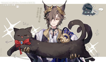 Rule 34 | 1boy, 1other, animal, animal ears, arknights, black cat, black gloves, brown hair, cat, cat boy, cat ears, chibi, chinese commentary, chinese text, closed eyes, commentary request, doctor (arknights), gloves, grey background, hair over one eye, highres, holding, holding animal, holding cat, laurel crown, male focus, miss christine (arknights), multiple tails, one eye covered, phantom (arknights), short hair, smile, sparkle, tail, tragodia (arknights), translation request, two tails, upper body, yoyobuuuu