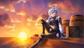 Rule 34 | 1girl, armored boots, atelier (series), atelier ryza, barrel, black nails, bodystocking, boots, box, closed mouth, cloud, cosplay, dolphin wave, fur gloves, game cg, green eyes, grey hair, hand on floor, highres, leather belt, lila decyrus, lila decyrus (cosplay), looking to the side, non-web source, ocean, official art, ootomo takuji, pier, sarah anthony, self-datamine, short hair, sitting, sky, smile, solo, sun, sunset