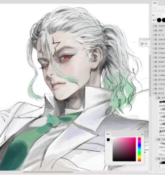 Rule 34 | 1boy, alternate hairstyle, art program in frame, collared shirt, colored tips, commentary, cracked skin, dr. stone, green hair, green necktie, highres, ishigami senkuu, lips, long hair, looking at viewer, male focus, multicolored hair, necktie, nose, one eye closed, ponytail, realistic, red eyes, shadowlove67420, shirt, simple background, solo, streaked hair, two-tone hair, upper body, white background, white hair, white shirt