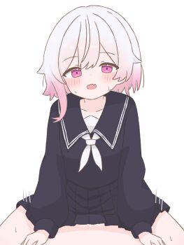 1boy 1girl age_difference black_serafuku blush clothed_female_nude_male clothed_sex cowgirl_position cum fang girl_on_top gradient_hair half-closed_eyes hetero highres implied_sex loli looking_at_viewer mahou_shoujo_no_majo_saiban medium_hair motion_lines multicolored_hair neckerchief nude open_mouth pale_skin pink_eyes pink_hair pov sailor_collar sakuraba_ema school_uniform serafuku sex simple_background skin_fang skirt straddling sweat tabedesuyo two-tone_hair white_background white_hair white_neckerchief