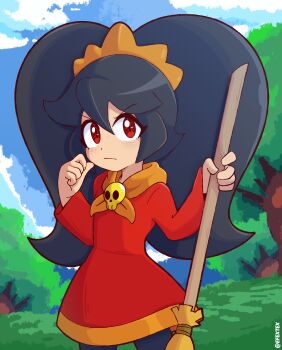 1girl absurdres ashley_(warioware) big_hair black_hair black_pantyhose broom closed_mouth cloud dress efextex hair_between_eyes hairband highres holding holding_broom long_hair long_sleeves looking_at_viewer neckerchief nintendo orange_hairband orange_neckerchief outdoors pantyhose red_dress red_eyes skull_ornament solo tree twintails twitter_username very_long_hair warioware