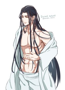 Rule 34 | 1boy, abs, absurdres, bare pectorals, bishounen, black hair, branded, chinese clothes, closed mouth, collarbone, commentary request, groin, hanfu, hickey, highres, implied yaoi, kanda faf2, lan wangji, long hair, long sleeves, male focus, modao zushi, navel, off shoulder, open clothes, open robe, pants, partially undressed, pectorals, robe, scar, scar on chest, simple background, single bare shoulder, solo, toned, toned male, topless male, twitter username, undressing, very long hair, white background, white hanfu, white pants, wide sleeves, yellow eyes