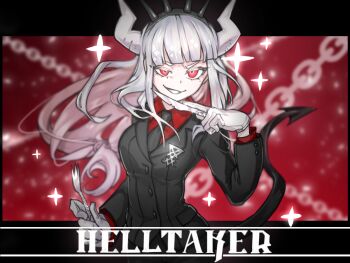 1girl black_suit business_suit chain czkd4277 demon_girl demon_horns demon_tail evil_grin evil_smile formal_clothes grin helltaker highres horns long_hair looking_at_viewer lucifer_(helltaker) raised_eyebrows red_eyes smile solo suit tail white_hair