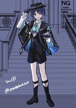 1boy aqua_ascot ascot black_boots black_cloak black_gloves black_hat black_shorts blue_cloak blue_gemstone blunt_ends boater_hat boots bright_pupils brooch cloak collared_shirt eyeliner eyeshadow feathers formal_clothes frilled_shirt_collar frilled_sleeves frills full_body gem genshin_impact gloves gold grey_eyes half_gloves hands_up hat hat_tip highres indoors jewelry lace-up_boots layered_ascot long_sleeves makeup male_focus offering_hand official_alternate_costume open_hand open_mouth pleated_shorts pom_pom_(clothes) purple_ascot red_eyeliner red_eyeshadow scaramouche_(genshin_impact) shirt shorts snow20200 solo stairs standing tsurime twitter_username two-sided_cloak two-sided_fabric undershirt unfinished wanderer_(genshin_fes_2026)_(genshin_impact) wanderer_(genshin_impact) watermark white_mouth white_pupils white_shirt white_sleeves wispy_bangs yellow_feathers