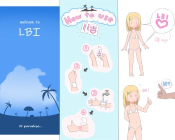 1girl arms_behind_back arrow_(symbol) bikini blonde_hair bubukka cloud coconut_tree cowboy_shot decal_tattoo disembodied_hand english_text facing_viewer faucet full_body hair_ornament hairclip how_to loli loli_bitch_island long_hair male_hand micro_bikini navel original outdoors palm_tree pigeon-toed sequential short_hair side-tie_bikini_bottom simple_background sky smile speech_bubble standing swimsuit tattoo text_focus thumbs_up tree typo water white_background white_bikini |_|