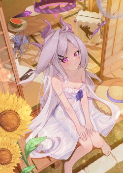 1girl absurdres bare_legs bare_shoulders barefoot black_halo blue_archive blush breasts collarbone commentary demon_girl demon_horns double_strap_slip downblouse dress floating_hair flower food from_above fruit hair_ornament hairclip halo hands_on_own_legs hat highres hina_(blue_archive) horns ko_otori127 loli long_hair looking_at_viewer looking_up multicolored_halo no_wings outdoors parallel_hairclips pink_eyes pink_halo plate purple_horns sitting small_breasts smile solo straw_hat sundress sunflower watermelon white_dress white_hair