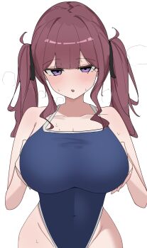 1girl absurdres blue_one-piece_swimsuit blush breasts brown_hair cevio cleavage commentary_request covered_navel grabbing_own_breast groin hair_ribbon half-closed_eyes highres large_breasts looking_at_viewer narukami_numari natsuki_karin one-piece_swimsuit open_mouth purple_eyes ribbon school_swimsuit sidelocks simple_background solo swimsuit synthesizer_v twintails upper_body water_drop white_background wide_hips