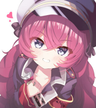 1girl akiyuki_nagi armband blue_archive blue_eyes blurry blush collared_shirt commentary_request depth_of_field grin hair_between_eyes hat highres holding iroha_(blue_archive) jacket long_hair looking_at_viewer partial_commentary peaked_cap red_armband red_hair shirt smile solo