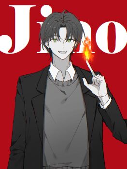 1boy ahoge black_jacket brown_hair character_name collared_shirt dark_moon:_the_blood_altar fire green_eyes grey_sweater hand_up jacket jino_(dark_moon:_the_blood_altar) long_hair long_sleeves looking_at_viewer open_clothes open_jacket open_mouth red_background school_uniform shirt simple_background smile solo sweater user_gmhz2777 white_shirt