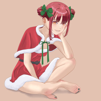 1girl barefoot double_bun feet grin hair_bun highres light_blush long_hair looking_at_viewer original red_hair santa_costume smile toes toyoki yellow_eyes