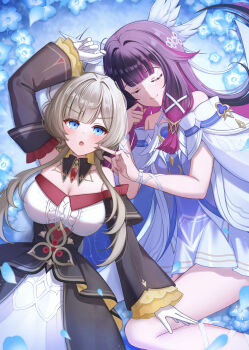 2girls absurdres black_sleeves blue_eyes breasts cheek_poking closed_eyes columbina_(genshin_impact) commentary_request detached_sleeves dress eye_mask field flower flower_field genshin_impact gloves grey_hair highres large_breasts lying mask multiple_girls on_back open_mouth poking purple_hair sandrone_(genshin_impact) short_hair_with_long_locks smile strapless strapless_dress white_dress white_gloves white_headdress white_mask white_wings wings x-shaped_eyewear yukiunag1 yuri