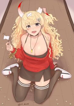 Rule 34 | 1girl, beans, black dress, blonde hair, blush, breasts, broken horn, cleavage, commentary request, crossed bandaids, dress, flag, hair ornament, highres, holding, holding flag, horns, jewelry, kantai collection, kneeling, large breasts, long hair, long sleeves, looking at viewer, minneapolis (kancolle), minneapolis (setsubun) (kancolle), nail polish, necklace, off shoulder, on floor, open mouth, pairu (pile drvx86), red nails, red sweater, setsubun, slippers, solo, sweat, sweater, thighhighs, twitter username, white flag