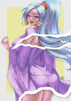 1girl blue_eyes blue_hair border breasts chrono_trigger cowboy_shot dress earrings gold_earrings hair_tie highres jewelry large_breasts long_dress long_hair long_sleeves looking_at_viewer open_mouth parted_bangs ponytail purple_dress schala_zeal shikiwo signature smile solo thighs torn white_border wide_sleeves yellow_background