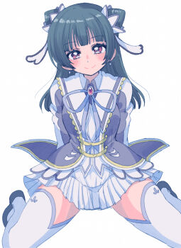 1girl black_jacket blue_hair blunt_bangs blush breasts closed_mouth commentary cone_hair_bun cream_(nipakupa) dark_blue_hair diamond_earrings double_bun earrings hair_bun jacket jewelry long_hair long_sleeves love_live! love_live!_sunshine!! love_live!_sunshine!!_the_school_idol_movie_over_the_rainbow medium_breasts miniskirt official_alternate_costume official_alternate_hairstyle pink_eyes pleated_skirt shirt skirt smile solo split_mouth thighhighs tsushima_yoshiko white_shirt white_skirt white_thighhighs