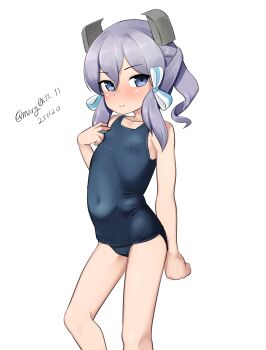 1girl absurdres blue_eyes blue_one-piece_swimsuit covered_navel dated feet_out_of_frame head_only highres kantai_collection langley_(kancolle) looking_at_viewer maru_(marg0613) medium_hair old_school_swimsuit one-hour_drawing_challenge one-piece_swimsuit ponytail purple_hair school_swimsuit sidelocks solo standing swimsuit twitter_username